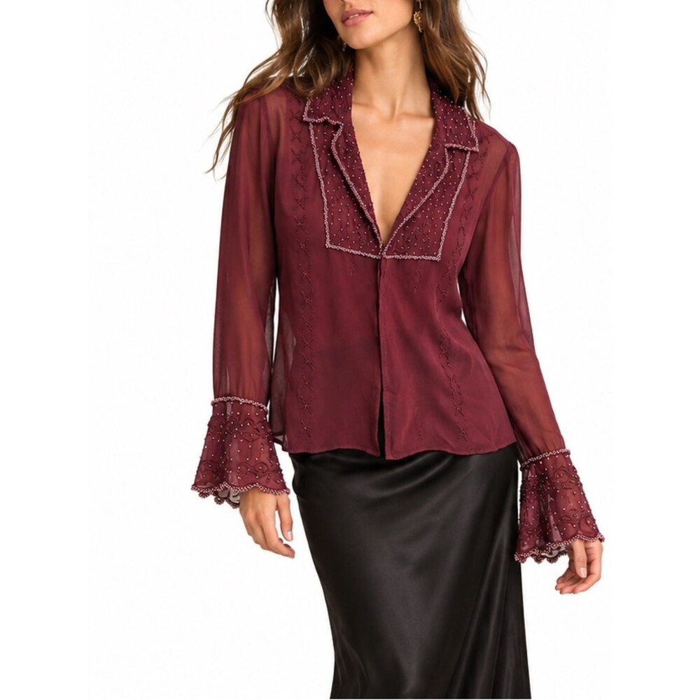Spenser Jeremy Vintage Silk Blouse Size 6 Burgundy Beaded Embroidered Sheer Y2K